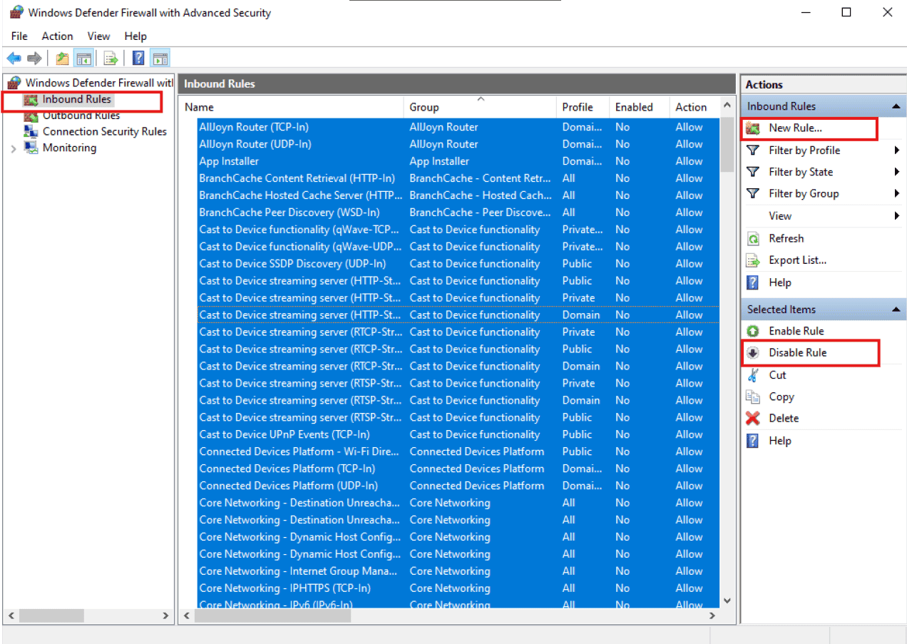disable firewall inbound rules